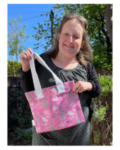 Founder, Steph, with the first Ditty Diva Design Studio, tote bag - 'Spring Joy'.
